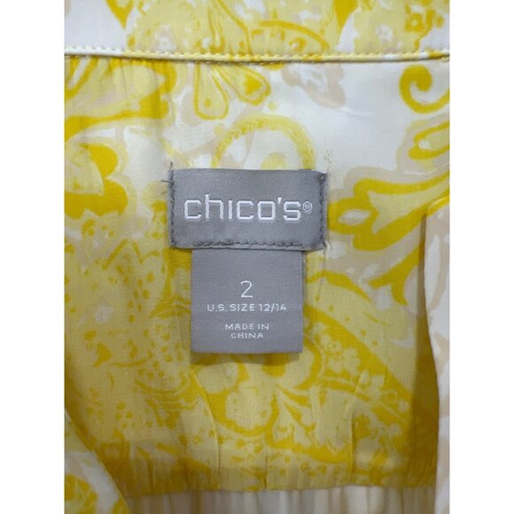 Chicos Maxi Dress Size 12/14 Tiered Paisley Print 3/4 Sleeve White Yellow Boho - Picture 5 of 9